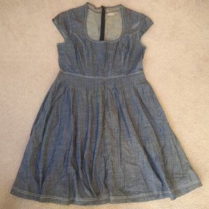 eShakti blue denim Chambray Cap Sleeve Dress with Pockets